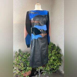 Vintage 80s avantegarde black leather dress snake skin accents knit sleeves S/M